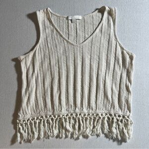 Anthropologie Eri + Ali Cotton Blend Knit Cream Tank Top w/ Fringe Hem, Small